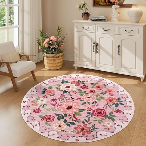 DUKINO 4ft Round Rug, Floral Washable Small Round Area Rug Non Slip by DUKINO