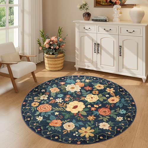 DUKINO 4ft Round Rug, Floral Washable Small Round Area Rug by DUKINO