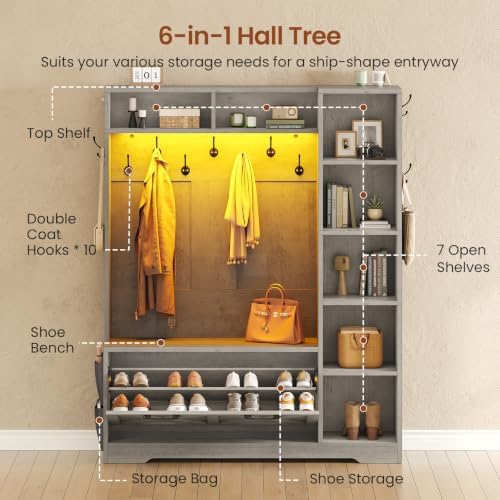 Itaar Hall Tree with Bench and Shoe Storage, Farmhouse Entryway Bench with Coat - Image 3