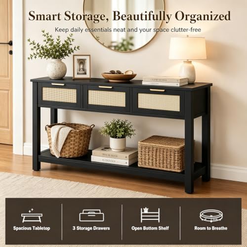 Luoxiao Rattan Console Table 3-Drawer 47" Narrow Black Entryway Sofa Table - Image 4