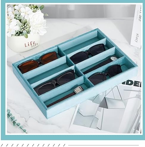 Amylove 2 Pack Sunglasses Organizer Tray Velvet Holder, 8 Grids, Light Blue - Image 4