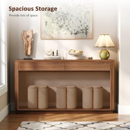 63 Inch Console Table with Storage, Fluted Wood Entryway Table - Image 4