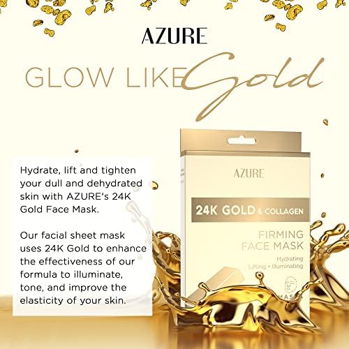 AZURE 24K Gold Firming Face Mask- Anti Aging, Hydrating, Toning & Firming Facial Sheet Mask - Helps Reduce Wrinkles & Fine Lines - With Hyaluronic Acid & Collagen - Skin Care Made in Korea - 10 Pack