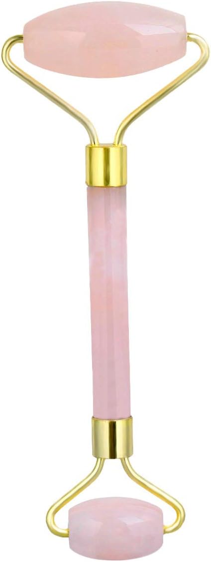 Rockcloud Natural Crystal Stone Roller Massager Double Neck Face & Neck Massage Therapy Anti-Aging Wrinkle Healing Slimming Skincare Tool,Rose Quartz