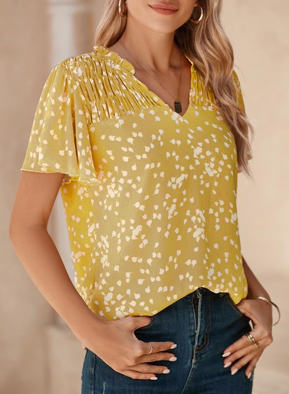 SHEWIN Women's Casual V Neck Floral Print Smocked Short Sleeve Chiffon Blouses Bohemian Top Shirts