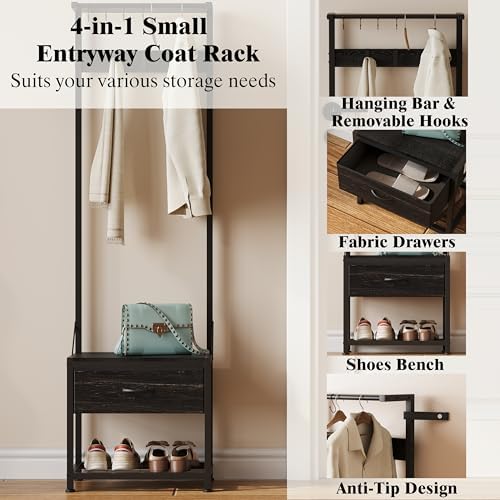 LUMTOK Hall Tree with Shoes Bench Storage, Small Coat Rack with Drawers - Image 2
