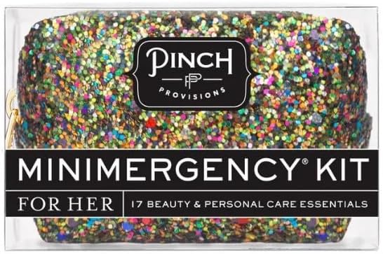 Pinch Provisions Olive Glitter Minimergency Kit, includes 17 Travel-Sized Cosmetic Essentials, Convenient for Purses, Emergency Beauty Accessories, Gifts for Holiday’s & Birthday’s