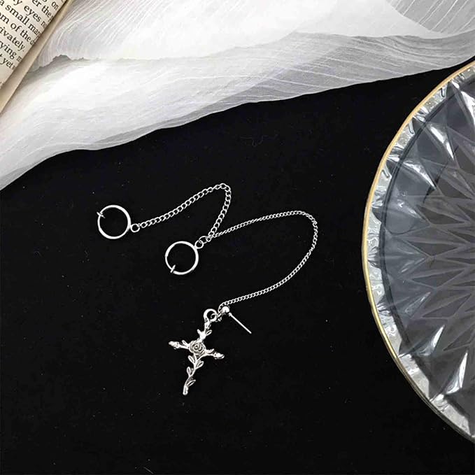 Cross Chain Cuff Earrings Silver Cross Dangle Chain Earrings Long Crucifix Drop Earrings Religious Ear Cuff Wrap Chain Earrings Jewelry for Women and Girls