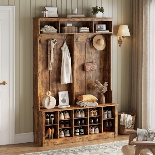 Wodeer Hall Tree with Bench and Shoe Storage, 6 Hooks, 12 Shoe Cubbies by WODEER
