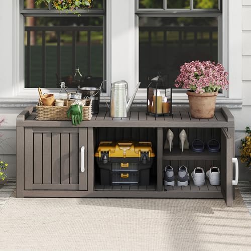 2-Tier Storage Bench, Waterproof UV-Resistant Outdoor Shoe Storage Cabinet - Image 2