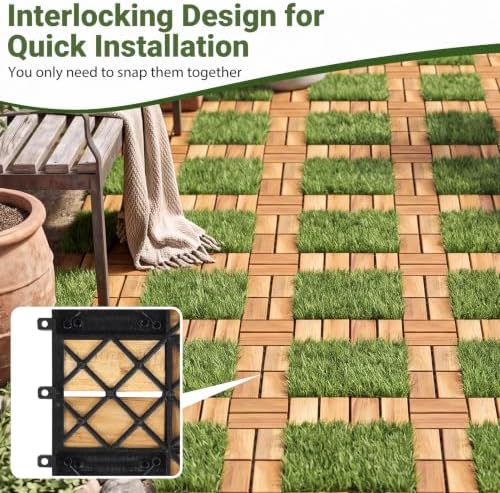 GIANTEX 30 PCS Interlocking Acacia Wood & Artificial Grass Deck Tiles - Image 5