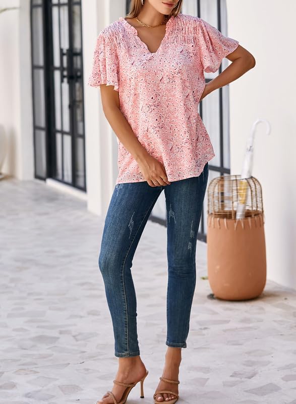 SHEWIN Women's Casual V Neck Floral Print Smocked Short Sleeve Chiffon Blouses Bohemian Top Shirts