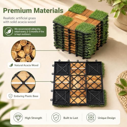 GIANTEX 30 PCS Interlocking Acacia Wood & Artificial Grass Deck Tiles - Image 4
