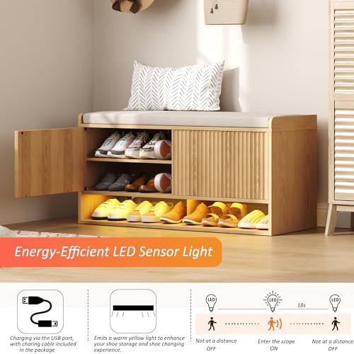 HOMEFORT 39.4" Fluted Shoe Storage Bench, Entryway Bench - Image 4