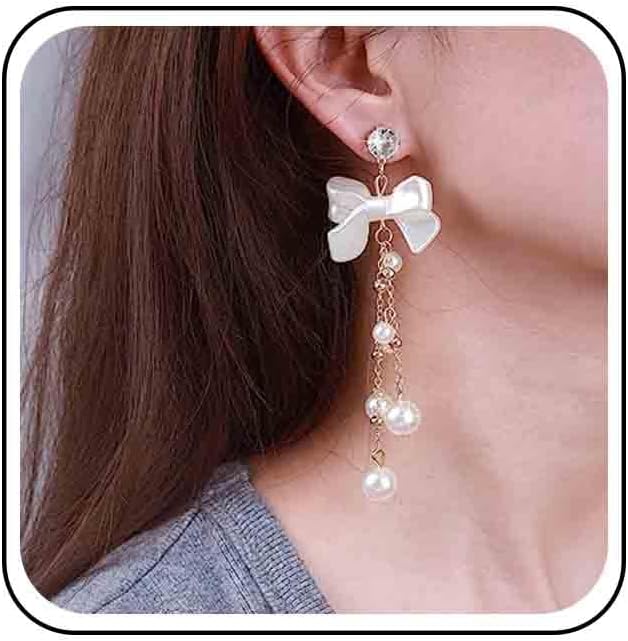 Vintage Crystal Pearl Drop Earrings Pearl Bow Dangle Earrings Long Pearl Tassel Chain Earrings Cz Bow Stud Earrings Jewelry for Women