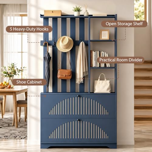 Narrow Hall Tree with Storage, Modern Entryway Coat Rack with Shoe Cabinet - Image 6