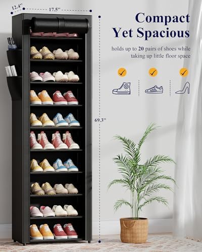 Kitsure 10-Tier Shoe Rack with Cover, Vertical Shelf, 17.5" Wide - Image 3