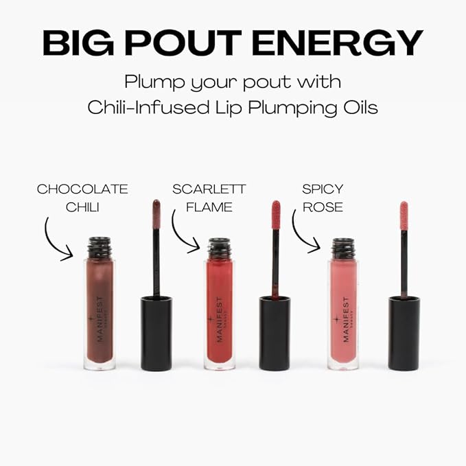 BIG POUT ENERGY, Chili-Infused Lip Plumping Oil for Full and Smooth Lips, Lip Gloss Finish, With Easy Swipe XL Wand Applicator, Scarlett Flame, 0.12 fl oz