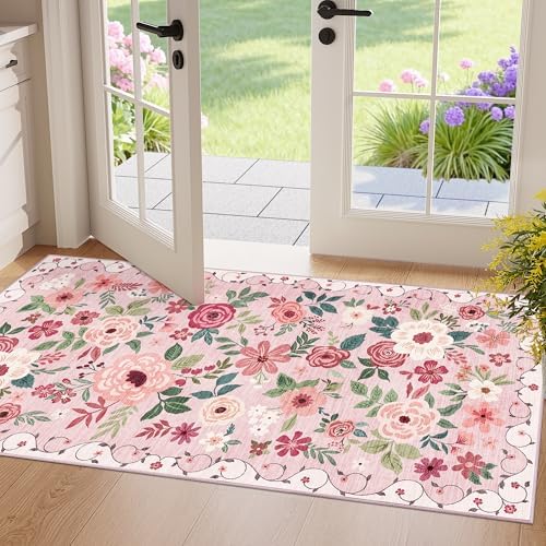 DUKINO 2x4 Entryway Rug, Floral Washable Kitchen Rugs Non Slip by DUKINO