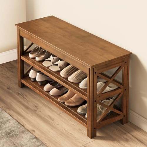 Bamworld Shoe Rack Bench with Storage 3 Tier Bamboo Shoe Bench Entryway Rustic by Bamworld