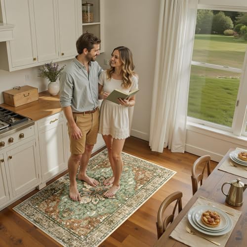 RELEANY Washable Area Rug, Brick/Brown/Green - Image 4