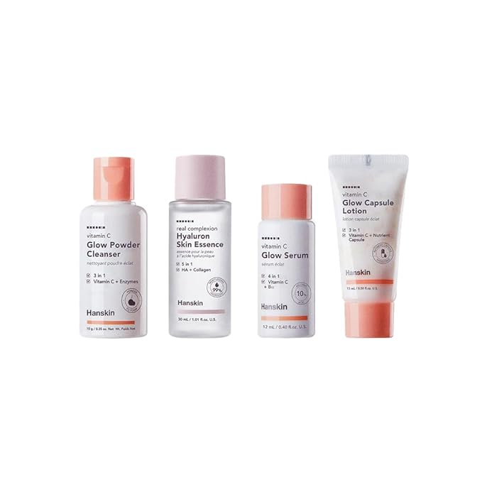 Hanskin Glow Skin On The Go Kit, Set of 4, Essential Travel Skincare Set for Glowing & Nourishing Skin on the Plane, Powder Cleanser Skin Essence and Facial Serum Cleansing Balm