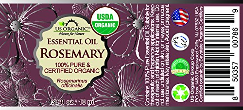 US Organic 100% Pure Rosemary Essential Oil, USDA Certified Organic 100% Pure, Steam Distilled, for Hair Growth, Scalp, Face, Skin, and Aromatherapy (Size Variations Available) (10 ml)
