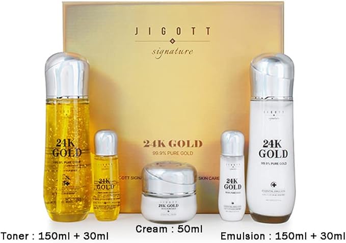Signature 24K Gold Essential Skin Care 3 Set - Toner (150ml), Emulsion (150ml), Cream (50ml) - Korean Skincare for Healthy and Glowing Skin