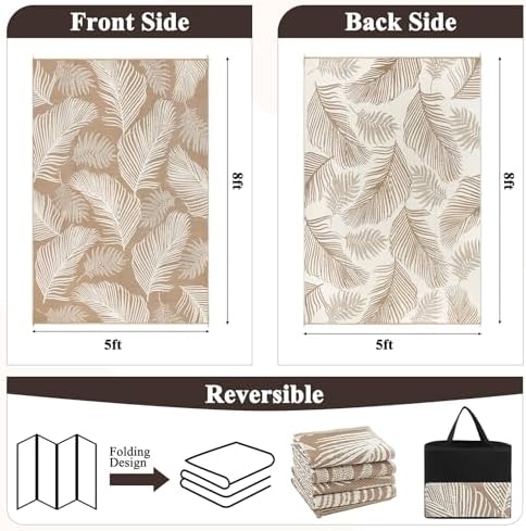 Pauwer Waterproof Outdoor Rug 5x8, Plastic Straw Patio Rug, Leaf Brown - Image 3