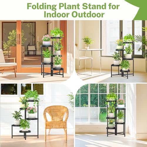 iDavosic.ly 5 Tier Folding Plant Stand Indoor Outdoor, Plastic Tray - Image 6