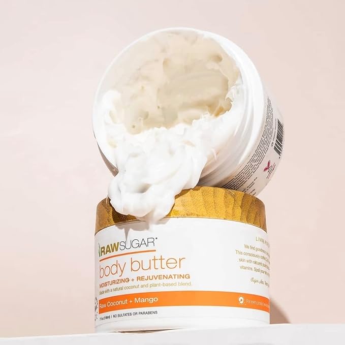 Raw Sugar Nourishing Raw Coconut + Mango Body Love Bundle - Body Wash, Body Scrub, Body Butter & Lip Balm, Clean, Made with Plant-Derived Ingredients, Formulated without Sulfates and Parabens