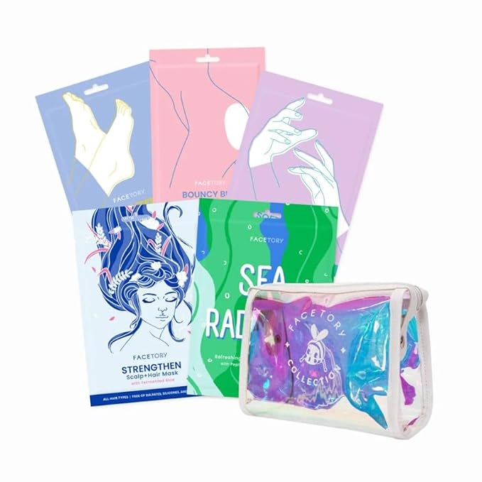 FACETORY Head to Toe Body Spa Pouch Gift Bundle with Korean Sheet Masks for Hair, Face, Feet, Hands, and Butt - Softening, Hydrating, Nourishing, and Moisturizing, for Dry, Cracked Skin