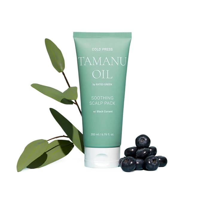 RATED GREEN Cold Press Tamanu Oil Soothing Scalp Pack w. Black Currant | Organic Tamanu Oil, Turmeric | Deep Relief Mask for Irritated Scalp | Silicone-Free, Korean Vegan Formula | 6.76 Fl. Oz