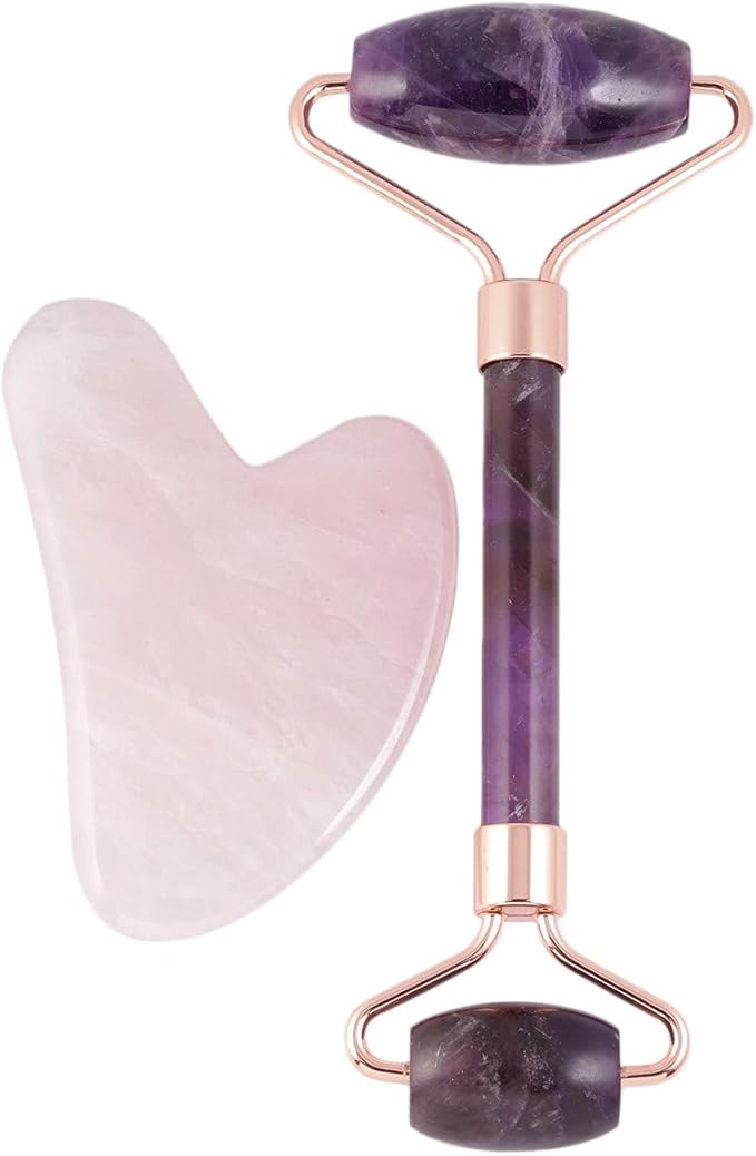 Rockcloud Natural Crystal Jade Roller and Gua Sha Scraping Set Massager Tool for Anti Aging Beauty Neck Body Reduce Wrinkles Facial Massager Therapy Amethyst and Rose Quartz