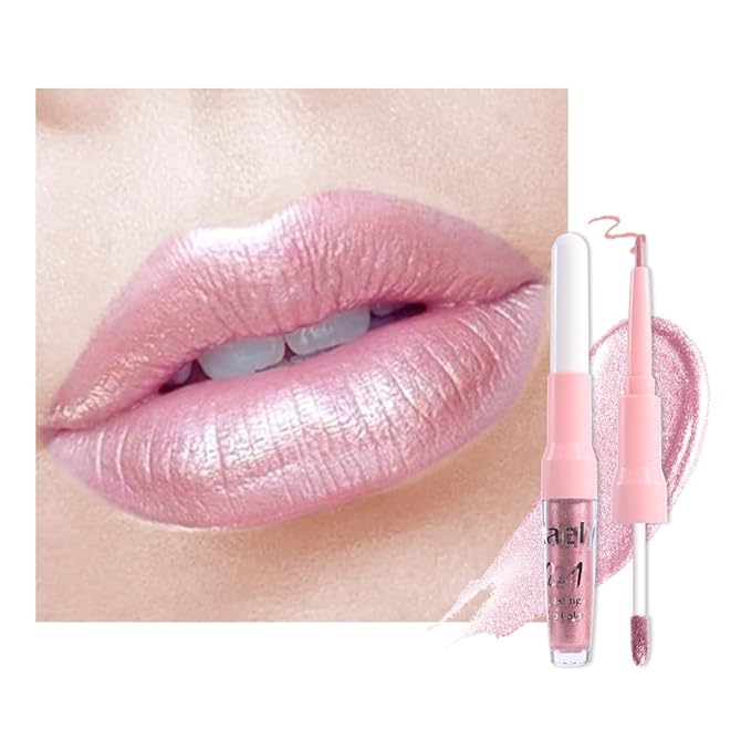 evpct Light Pink Metallic Shimmer Lip Liner and Lipstick Combo Lip Gloss Stain Set Makeup for Women Long Lasting Waterproof 24, Light Voilet Frosted Metallic Glitter Glossy Iridescent Liquid Lipstick