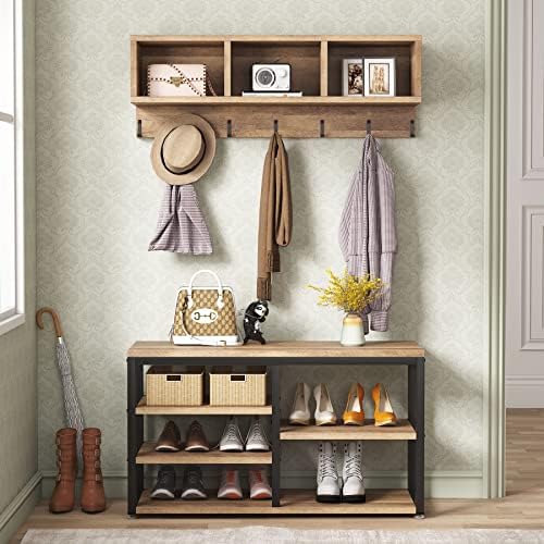 Tribesigns Coat Rack Set, Hall Tree, Industrial Shoe Bench, 3 Storage Cubbies by Tribesigns