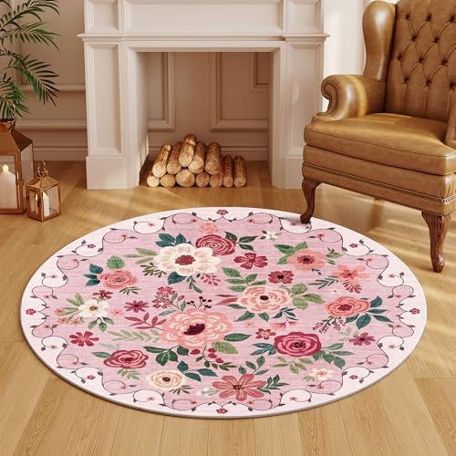 DUKINO 4ft Round Rug, Floral Washable Small Round Area Rug Non Slip - Image 6
