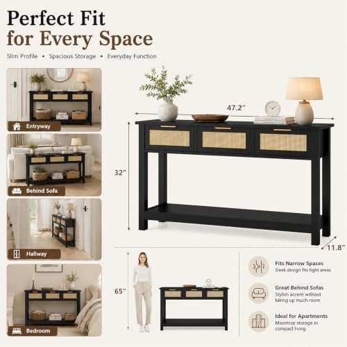 Luoxiao Rattan Console Table 3-Drawer 47" Narrow Black Entryway Sofa Table - Image 3