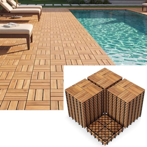 GIANTEX 54 PCS Acacia Wood Deck Tiles, Interlocking Patio Flooring Tiles by Giantex