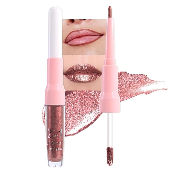 evpct Dark Bronze Metallic Shimmer Lip Liner and Lipstick Combo Lip Gloss Stains Set Makeup for Women Long Lasting Waterproof 24, Iced Mocha Frosted Metallic Glitter Glossy iridescent Liquid Lipstick
