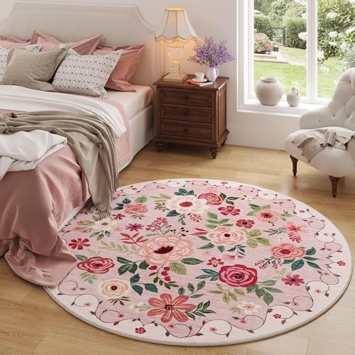 DUKINO 4ft Round Rug, Floral Washable Small Round Area Rug Non Slip - Image 3