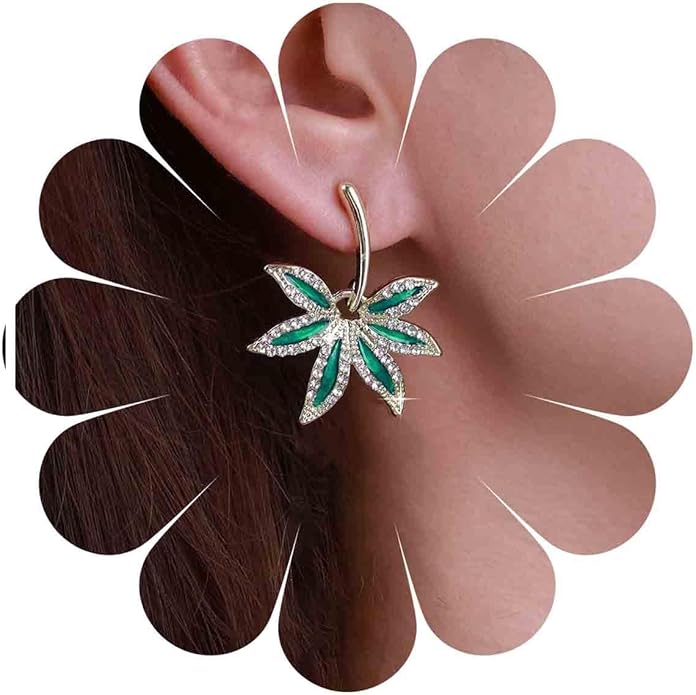 Vintage Emerald Pot Leaf Earrings Green Leaf Drop Earrings Green Marijuana Leaf Earrings Gold Cz Leaf Dangle Earrings Jewelry for Women