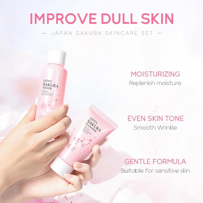 Sakura Skincare Gift Set, Skin Care Travel Kit with Cleanser, Toner, Serum, Eye Cream, Face Cream for Women Girls (5pcs)