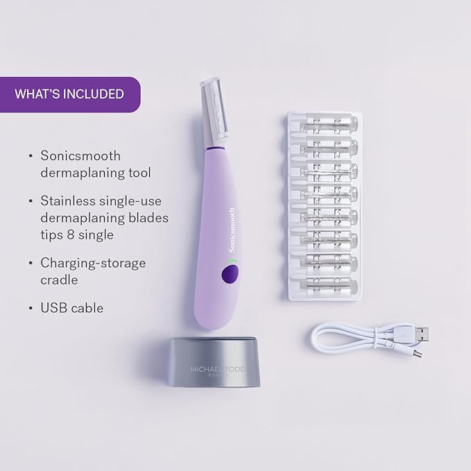 Michael Todd Beauty Sonicsmooth Dermaplane Razor for Women Face + Eyebrow trimmer Dermaplaning System - Peach Fuzz Remover - 8 Weeks of Dermaplaning Blades