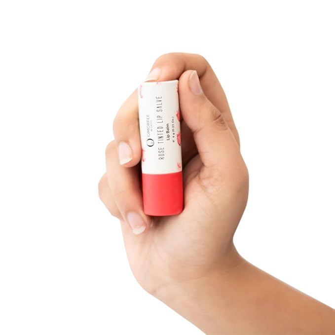 Omorfee 100% Organic Tinted Lip Balm Stick Treatment, Natural Lip Tint Gloss, Long Lasting Rose Lip Tint, Strawberry Flavor, Beetroot & Cocoa Butter, Pink Red Color, Moisturizing Lip Balm - 6g/0.21Oz