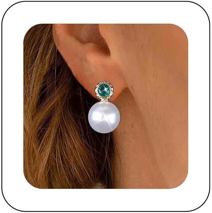 Vintage Emerald Pearl Earrings Gold Pearl Drop Earrings Green Emerald Studs Earrings Rhinestone Pearl Emerald Earrings Jewelry for Women