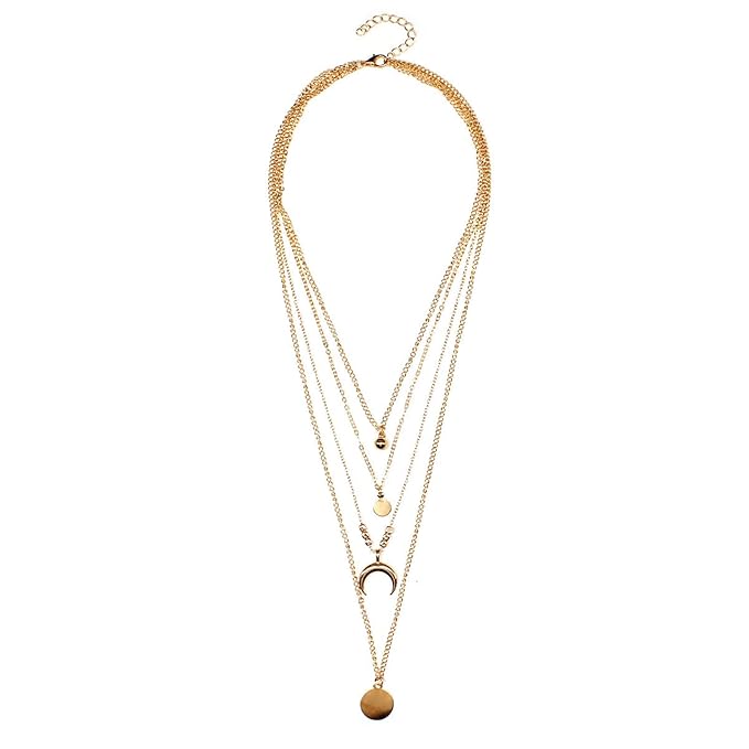 Bohemia Layered Coin Choker Necklace Moon Crescent Pendant Necklace Chain Gold Tiny Ball Necklace Multi Layer Disc Necklace Chain Jewelry for Women and Girls