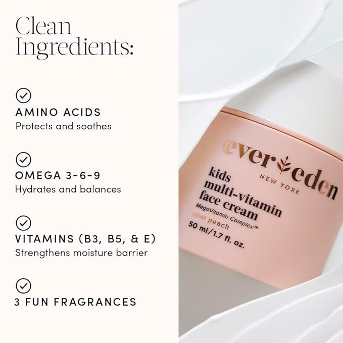 Evereden Kids Face Cream: Cool Peach, 1.7 oz. | Face Lotion | Clean and Non-Toxic Face Moisturizer | Multi-Vitamin Skin Care for Kids