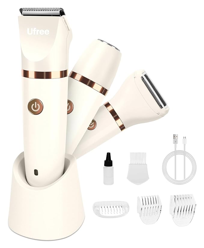 Ufree Bikini Trimmer Electric Razors for Women, Rechargeable Pubic Hair Trimmer Electric Shaver for Legs Body Hair, Bikini Shaver IPX7 Waterproof, White