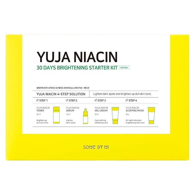 SOME BY MI Yuja Niacin 30 Days Brightening Starter Kit/Toner 1.01Oz, Serum 0.33Oz, Gel Cream 1.01Oz, Sleeping Mask 0.67Oz / Melasma and Blemish Care/Facial Skin Care Set